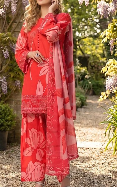 Feathers Coral Red Lawn Suit | Pakistani Lawn Dress in USA- Image 1