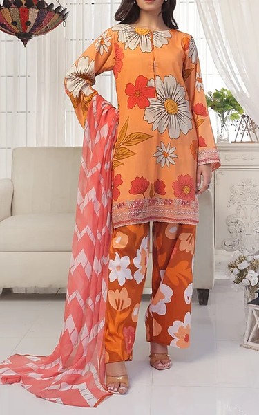 Feathers Pastel Orange Lawn Suit | Pakistani Lawn Dress in USA- Image 1