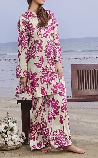 Feathers Off White/Dark Raspberry Lawn Suit (2 Pcs) | Pakistani Lawn Dress in USA- Image 1