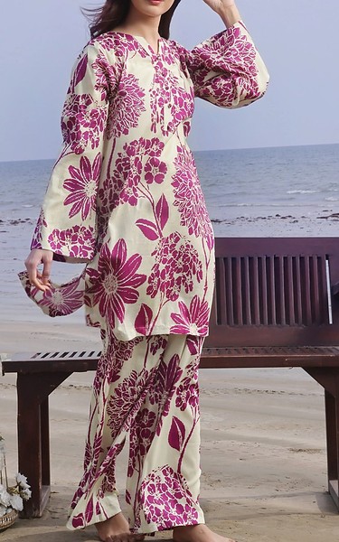 Feathers Off White/Dark Raspberry Lawn Suit (2 Pcs) | Pakistani Lawn Dress in USA- Image 2