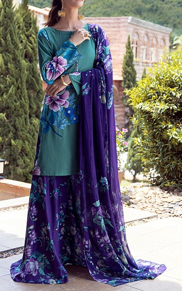 Feathers Teal/Blueberry Lawn Suit | Pakistani Lawn Dress in USA- Image 1