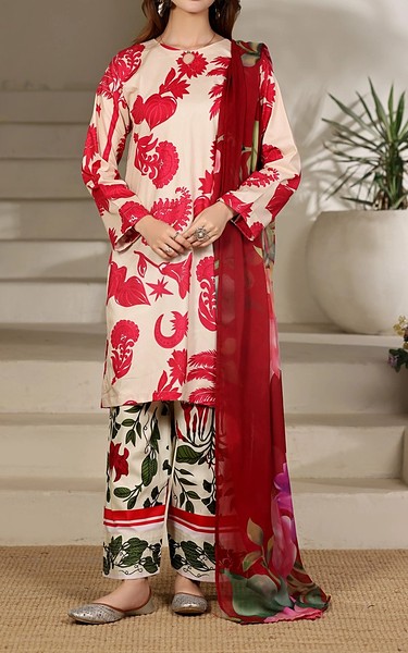 Feathers Off White/Brink Pink Lawn Suit | Pakistani Lawn Dress in USA- Image 1