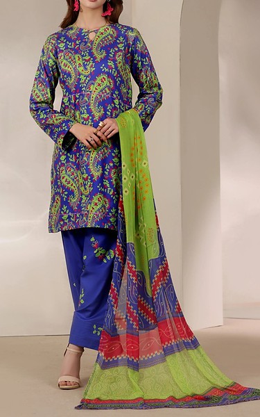 Feathers Blue/Parrot Green Lawn Suit | Pakistani Lawn Dress in USA- Image 1