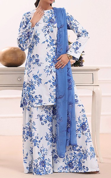 Feathers Off White/Blue Lawn Suit | Pakistani Lawn Dress in USA- Image 1