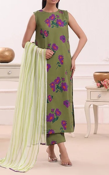 Feathers Olive Lawn Suit | Pakistani Lawn Dress in USA- Image 1