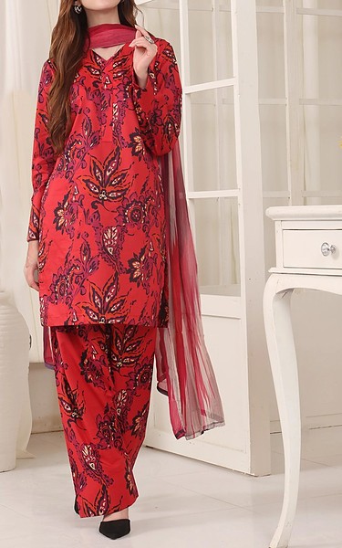 Feathers Coral Red Lawn Suit | Pakistani Lawn Dress in USA- Image 1