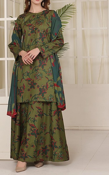 Feathers Army Green Lawn Suit | Pakistani Lawn Dress in USA- Image 1