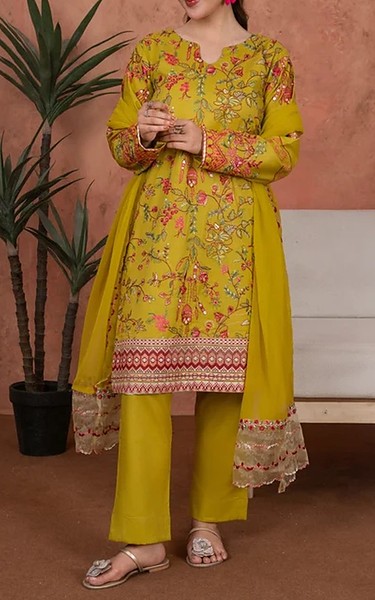 Feathers Dark Gold Lawn Suit | Pakistani Lawn Dress in USA- Image 1