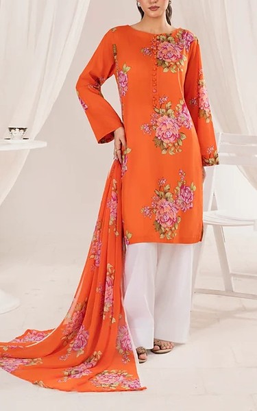 Feathers Safety Orange Lawn Suit | Pakistani Lawn Dress in USA- Image 1