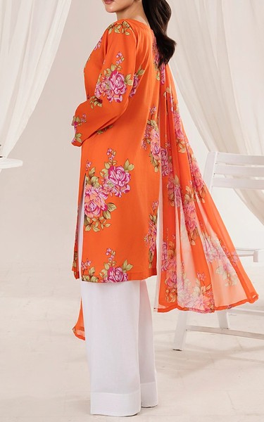 Feathers Safety Orange Lawn Suit | Pakistani Lawn Dress in USA- Image 2