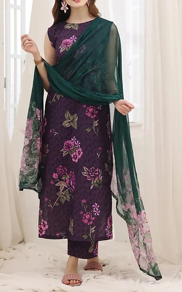 Feathers Eggplant Suit | Pakistani Lawn Dress in USA- Image 1