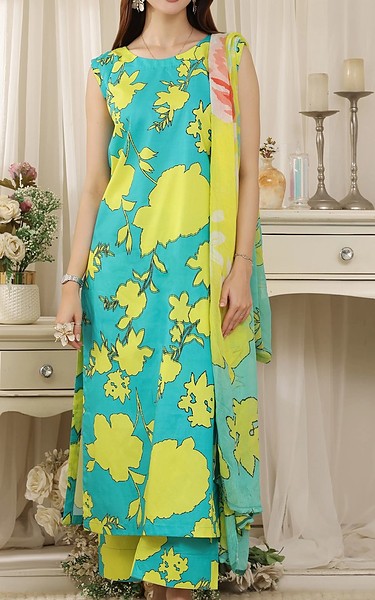 Feathers Turquoise/Yellow Lawn Suit | Pakistani Lawn Dress in USA- Image 1