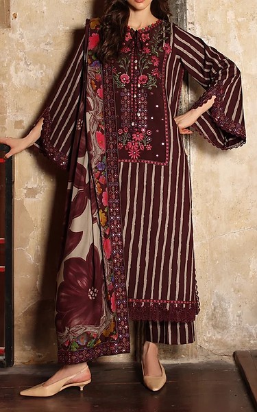 Charizma Wine Berry Linen Suit | Pakistani Winter Dresses in USA- Image 1