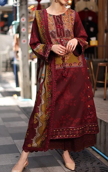 Charizma Wine Staple Suit | Pakistani Winter Dresses in USA- Image 1