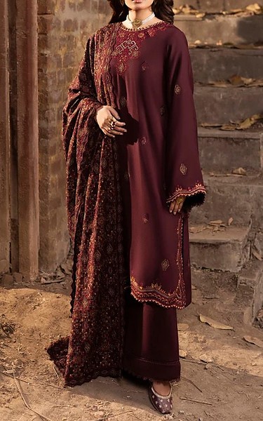 Humdum Wine Karandi Suit | Pakistani Winter Dresses in USA- Image 1
