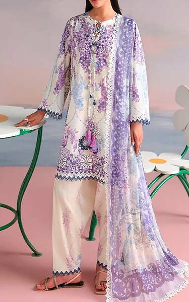 Image Off White/Pastel Purple Cotton Suit | Pakistani Lawn Dress in USA- Image 1