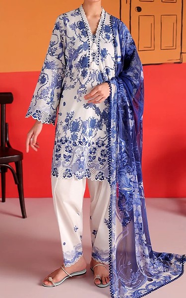 Image Off White/Blue Cotton Suit | Pakistani Lawn Dress in USA- Image 1