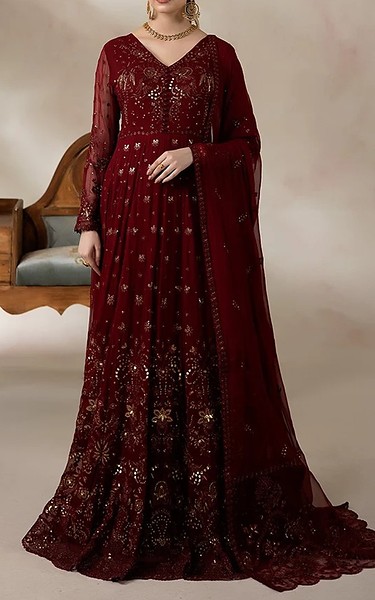 Imrozia Maroon Chiffon Suit | Pakistani Embroidered Chiffon Dresses USA- Image 1