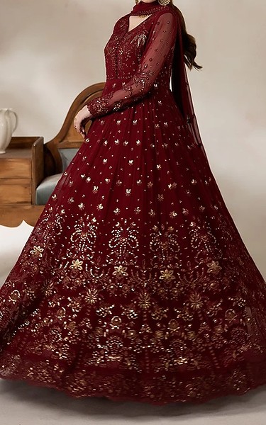 Imrozia Maroon Chiffon Suit | Pakistani Embroidered Chiffon Dresses USA- Image 2
