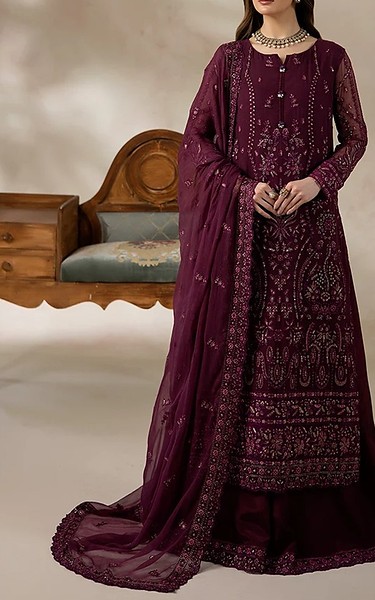 Imrozia Wine Berry Chiffon Suit | Pakistani Embroidered Chiffon Dresses USA- Image 1