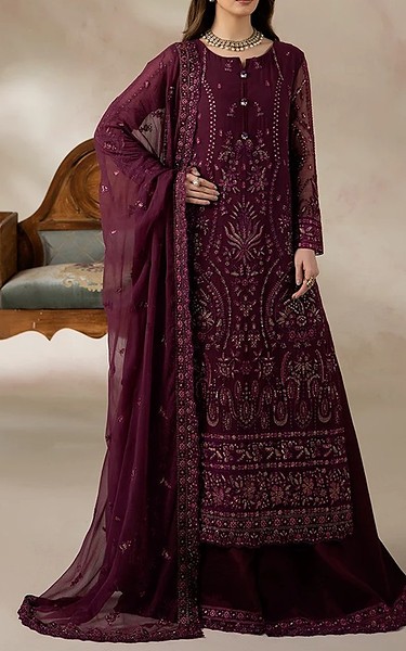 Imrozia Wine Berry Chiffon Suit | Pakistani Embroidered Chiffon Dresses USA- Image 3