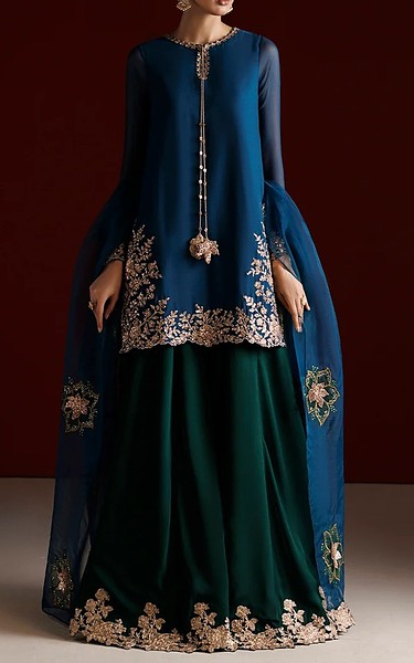 Iznik Zinc Blue Chiffon Suit | Pakistani Embroidered Chiffon Dresses USA- Image 1