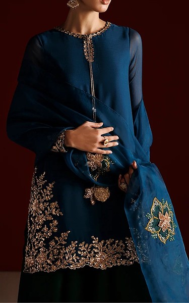 Iznik Zinc Blue Chiffon Suit | Pakistani Embroidered Chiffon Dresses USA- Image 3
