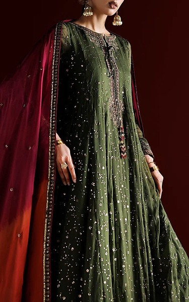 Iznik Green Chiffon Suit | Pakistani Embroidered Chiffon Dresses USA- Image 3