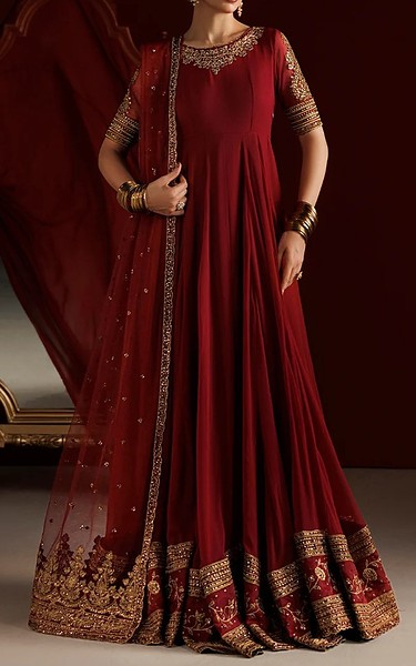 Iznik Wine Red Chiffon Suit | Pakistani Embroidered Chiffon Dresses USA- Image 1