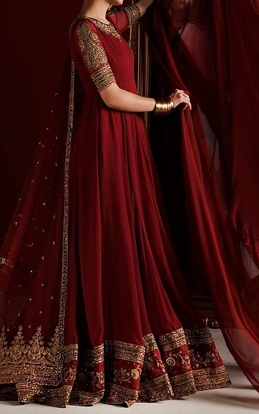 Iznik Wine Red Chiffon Suit | Pakistani Embroidered Chiffon Dresses USA- Image 2