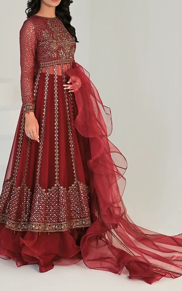 Jazmin Wine Red Chiffon Suit | Pakistani Embroidered Chiffon Dresses USA- Image 1