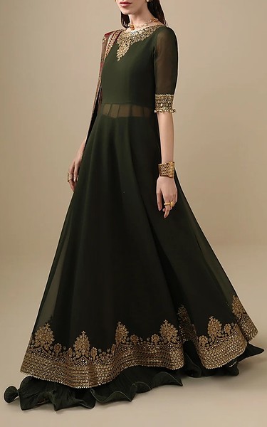 Jazmin Army Green Chiffon Suit | Pakistani Embroidered Chiffon Dresses USA- Image 1