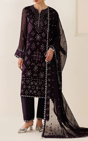 Jazmin Egg Plant Chiffon Suit | Pakistani Embroidered Chiffon Dresses USA- Image 1