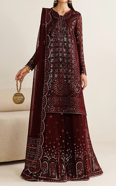 Jazmin Wine Chiffon Suit | Pakistani Embroidered Chiffon Dresses USA- Image 1