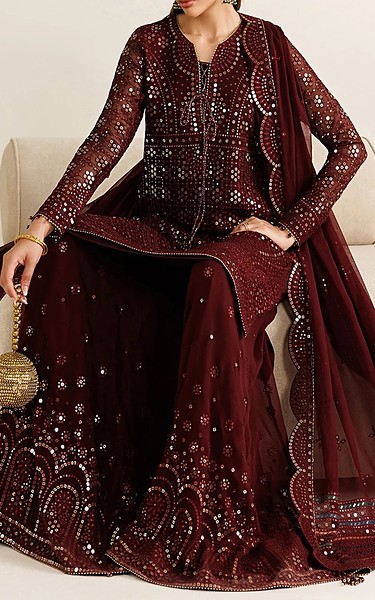 Jazmin Wine Chiffon Suit | Pakistani Embroidered Chiffon Dresses USA- Image 3
