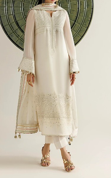 Jazmin Off White Chiffon Suit | Pakistani Embroidered Chiffon Dresses USA- Image 1