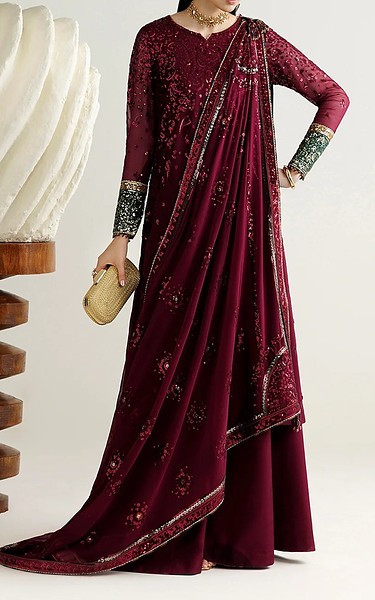 Jazmin Wine Red Chiffon Suit | Pakistani Embroidered Chiffon Dresses USA- Image 1
