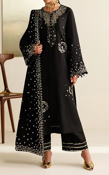 Jazmin Black Raw Silk Suit | Pakistani Embroidered Chiffon Dresses USA- Image 2