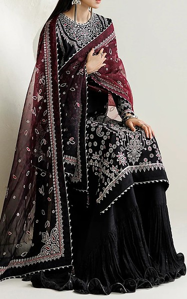 Jazmin Black Raw Silk Suit | Pakistani Embroidered Chiffon Dresses USA- Image 1
