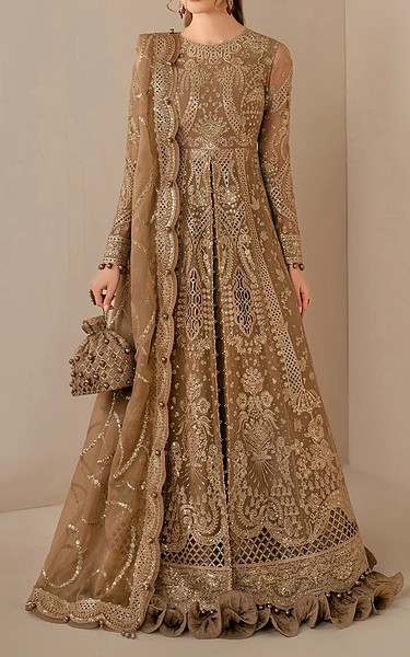 Jazmin Sand Gold Organza Suit | Pakistani Embroidered Chiffon Dresses USA- Image 1