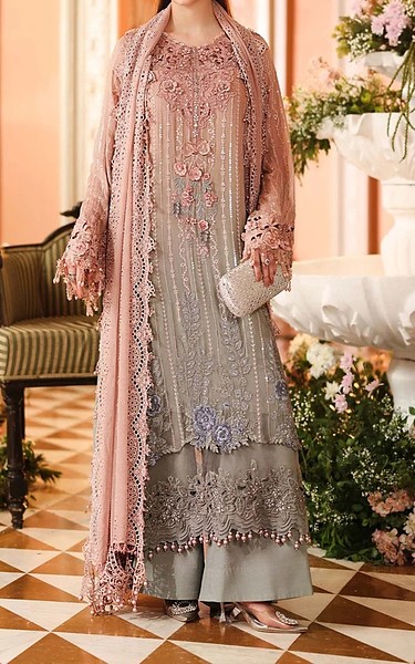 Maria B Pink/Grey Chiffon Suit | Pakistani Embroidered Chiffon Dresses USA- Image 1