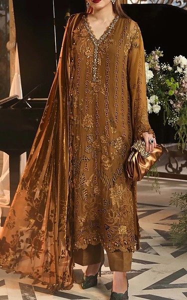Maria B Bevar Brown Chiffon Suit | Pakistani Embroidered Chiffon Dresses USA- Image 1