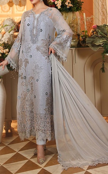Maria B Grey Chiffon Suit | Pakistani Embroidered Chiffon Dresses USA- Image 2