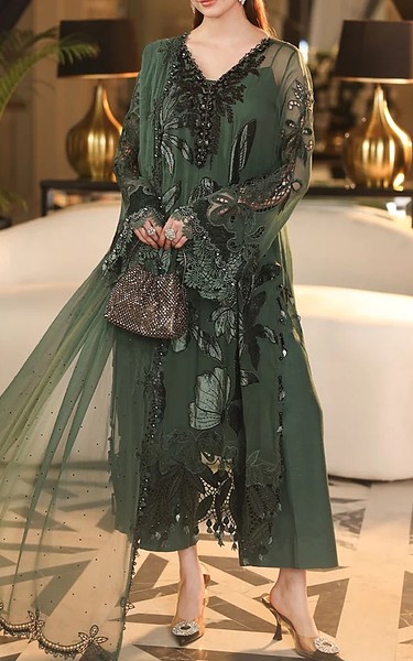 Maria B Green Organza Suit | Pakistani Embroidered Chiffon Dresses USA- Image 1
