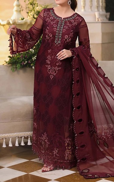 Maria B Maroon Chiffon Suit | Pakistani Embroidered Chiffon Dresses USA- Image 1