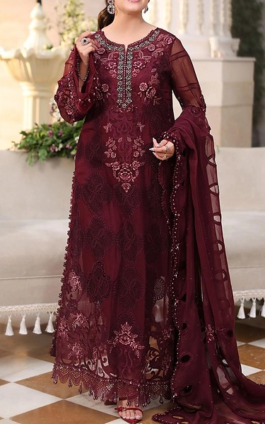 Maria B Maroon Chiffon Suit | Pakistani Embroidered Chiffon Dresses USA- Image 2