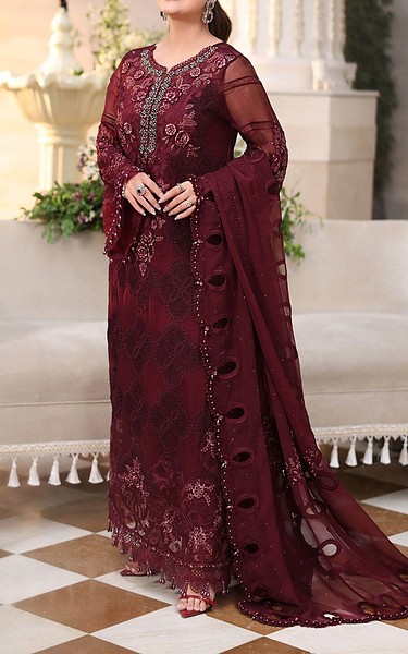 Maria B Maroon Chiffon Suit | Pakistani Embroidered Chiffon Dresses USA- Image 3