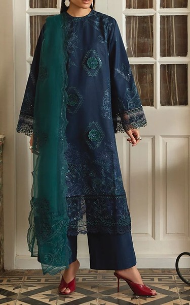Marjjan Navy Karandi Suit | Pakistani Winter Dresses in USA- Image 1