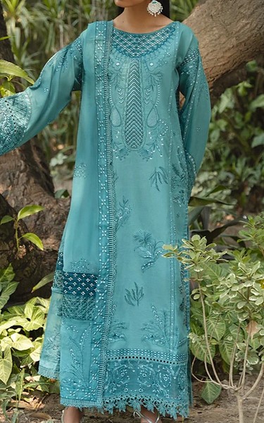 Marjjan Moonstone Blue Karandi Suit | Pakistani Winter Dresses in USA- Image 1