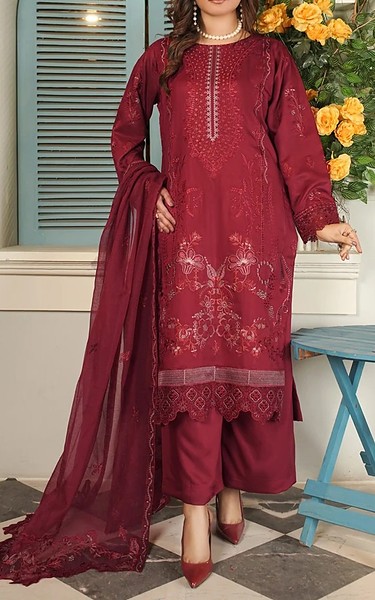 Marjjan Deep Carmine Viscose Suit | Pakistani Winter Dresses in USA- Image 1